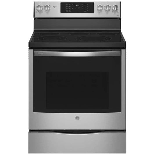 GE PCB900YVFS Electric Range, 6.2 cu. ft. Capacity, 30 inch Exterior Width, True Convection, 5 Burners, Storage Drawer, Air Fry, Self Clean, S color
