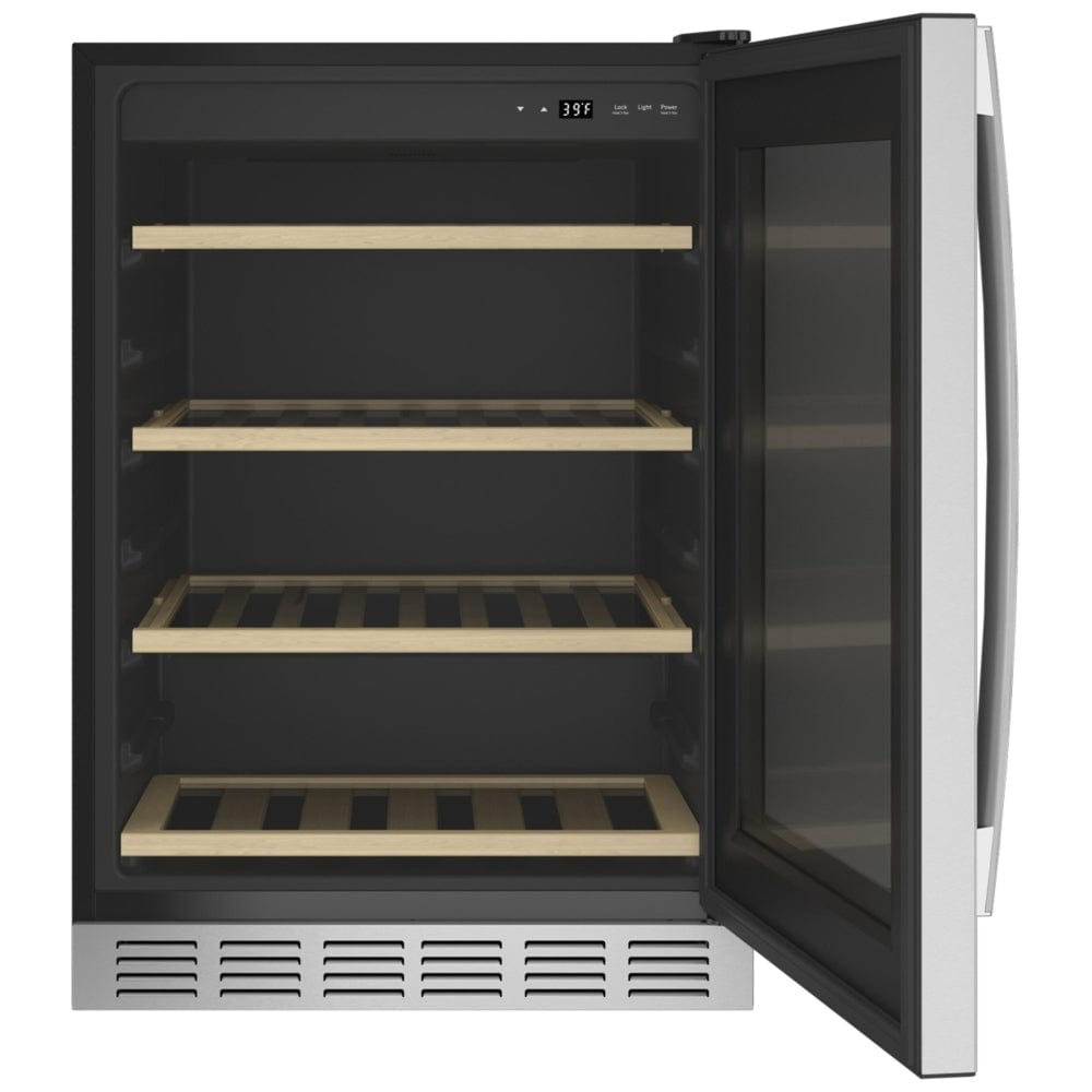 GE Profile PVS06BSPSS Beverage Center, 24 inch Width, Custom Panel Ready, Stainless Steel color Spill proof Glass Shelves, Beechwood Front Wine Racks