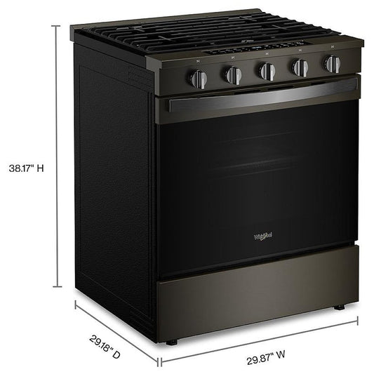 Whirlpool WSGS7530RV Gas Range, 5.3 cu. ft. Capacity, 30 inch Exterior Width, Self Clean, True Convection, 5 Burners, Storage Drawer, Air Fry, 18,000 BTU Highest Burner, Black Stainless Steel color