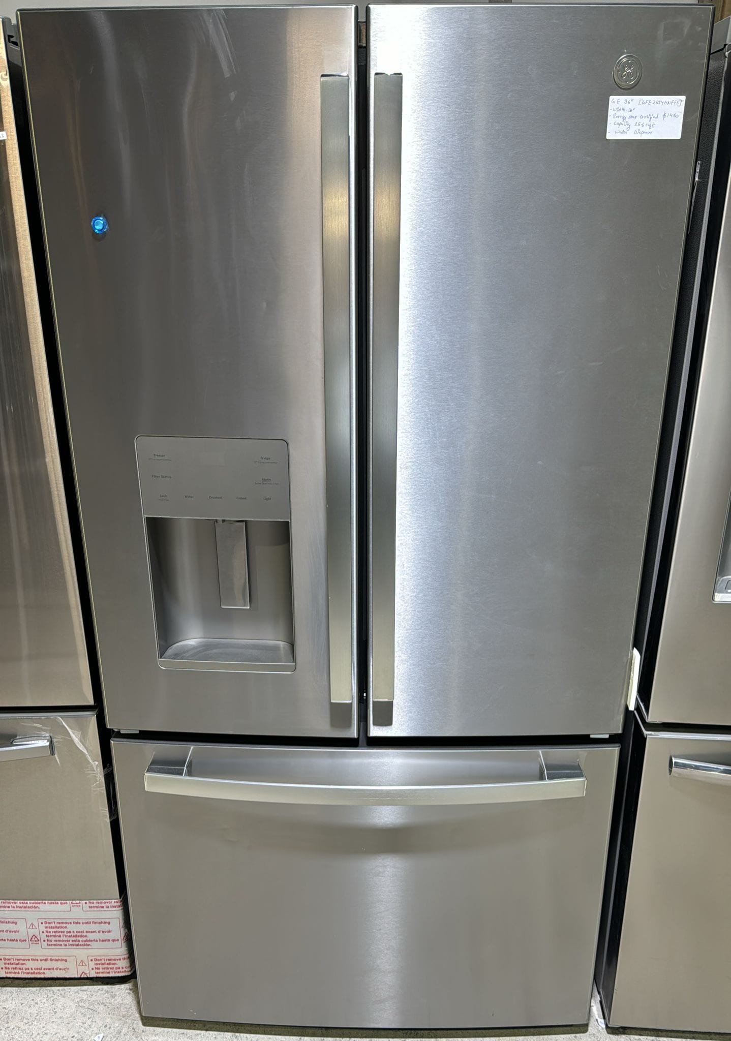 GE GFE26JYMFS French Door Refrigerator, 36" Width, ENERGY STAR Certified, 25.6 cu. ft. Capacity, Thru Door Ice Dispenser, Exterior Water Dispenser