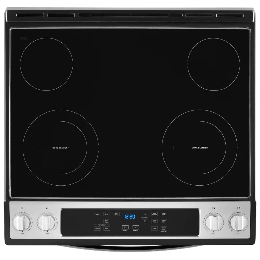 Whirlpool YWEE515S0LS Electric Range, 4.8 cu. ft. Capacity, 30 inch Exterior Width, 4 Burners, Storage Drawer, Self Clean, 3,000 Watts Highest Burner Element, Stainless Steel color, FlexHeat™ Elements, Frozen Bake
