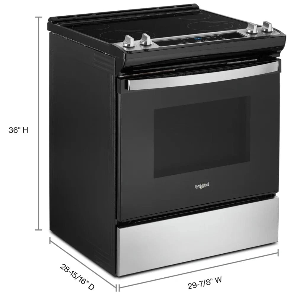 Whirlpool YWEE515S0LS Electric Range, 4.8 cu. ft. Capacity, 30 inch Exterior Width, 4 Burners, Storage Drawer, Self Clean, 3,000 Watts Highest Burner Element, Stainless Steel color, FlexHeat™ Elements, Frozen Bake