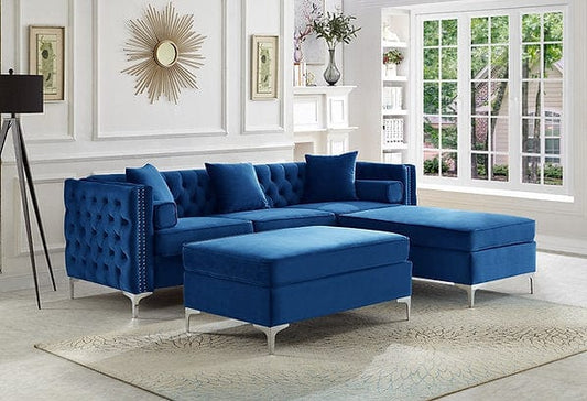 IF-9284 IF-9285 -Blue Velvet & Reversible & Sofa Sectional With Deep Tufting and nail head Details, Chrome legs and Accent Pillows.
