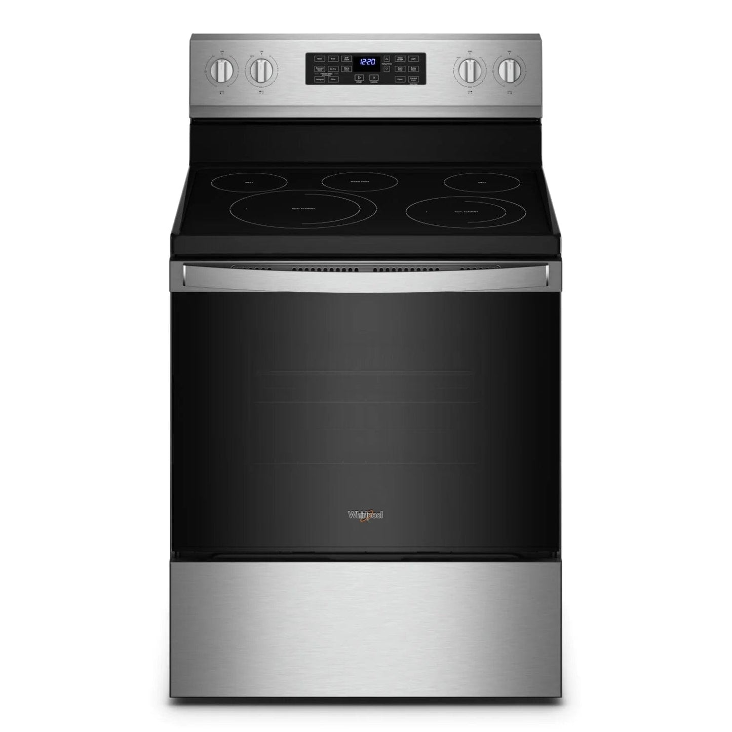 Whirlpool Electric Range (YWFE550S0LZ): 30 inch Exterior Width, Self Clean, Convection, 5 Burners, 5.3 cu. ft. Capacity Storage Drawer -- Stainless Steel color