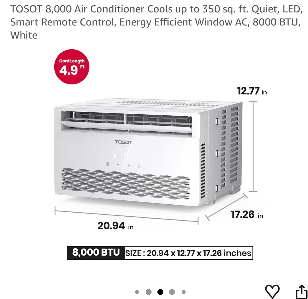 TOSOT 8,000 Air Conditioner Cools up to 350 sq. ft. Quiet, LED, Smart Remote Control, Energy Efficient Window AC, 8000 BTU, White