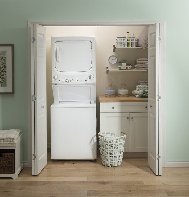 GE GUD27GSSMWW Unitized Spacemaker® 3.8 cu. ft. Capacity Washer with Stainless Steel Basket and 5.9 cu. ft. Capacity Gas Dryer