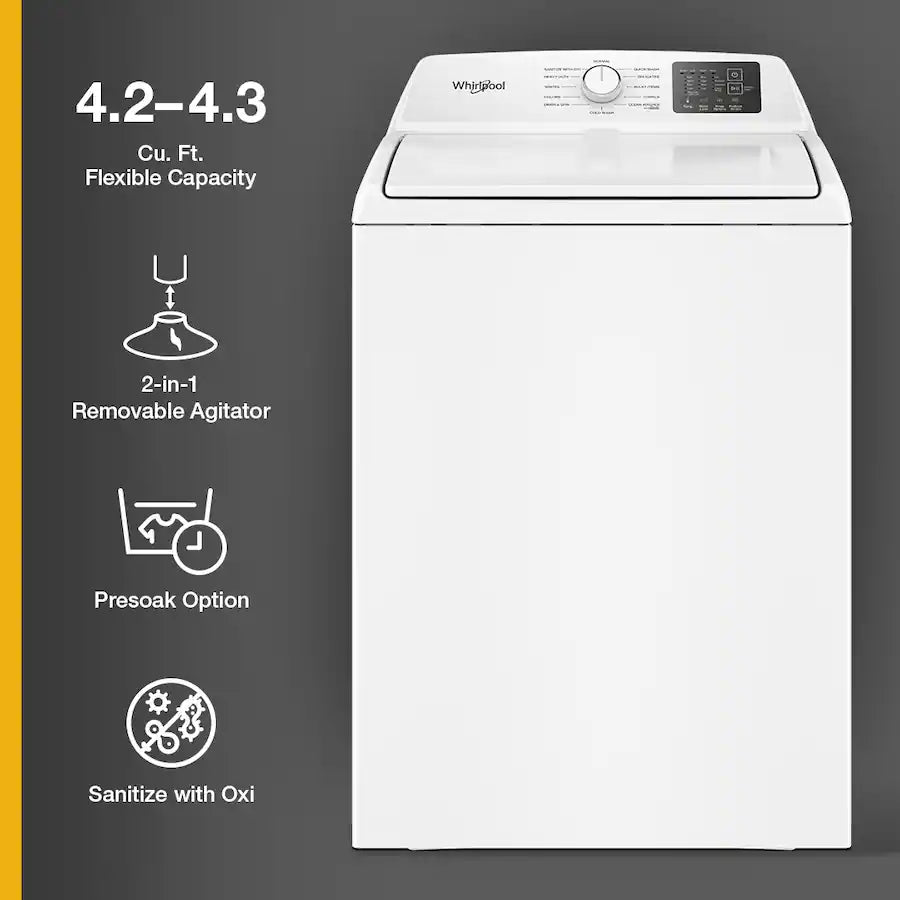 4.8 - 4.9 Cu. Ft. Whirlpool® Top Load Washer with 2-in-1 Removable Agitator. WTW4107SW0