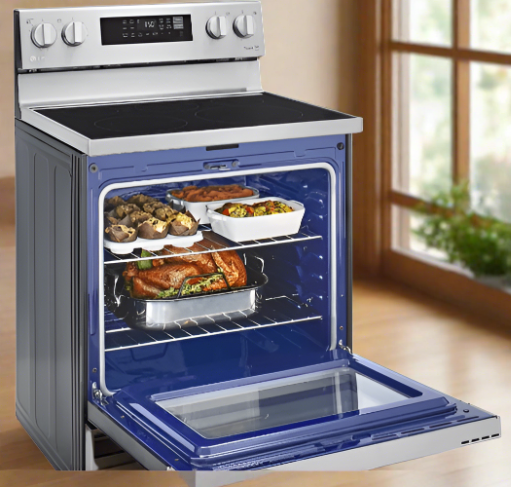 LG LREL6323S Range, 30" Exterior Width, Electric Range, Self Clean, Glass Burners (Electric), Convection, 5 Burners, 6.3 cu. ft. Capacity, Storage Drawer, Air Fry, 1 Ovens, Wifi Enabled, 3200W, Rear Controls, Stainless Steel colour.  Open Box