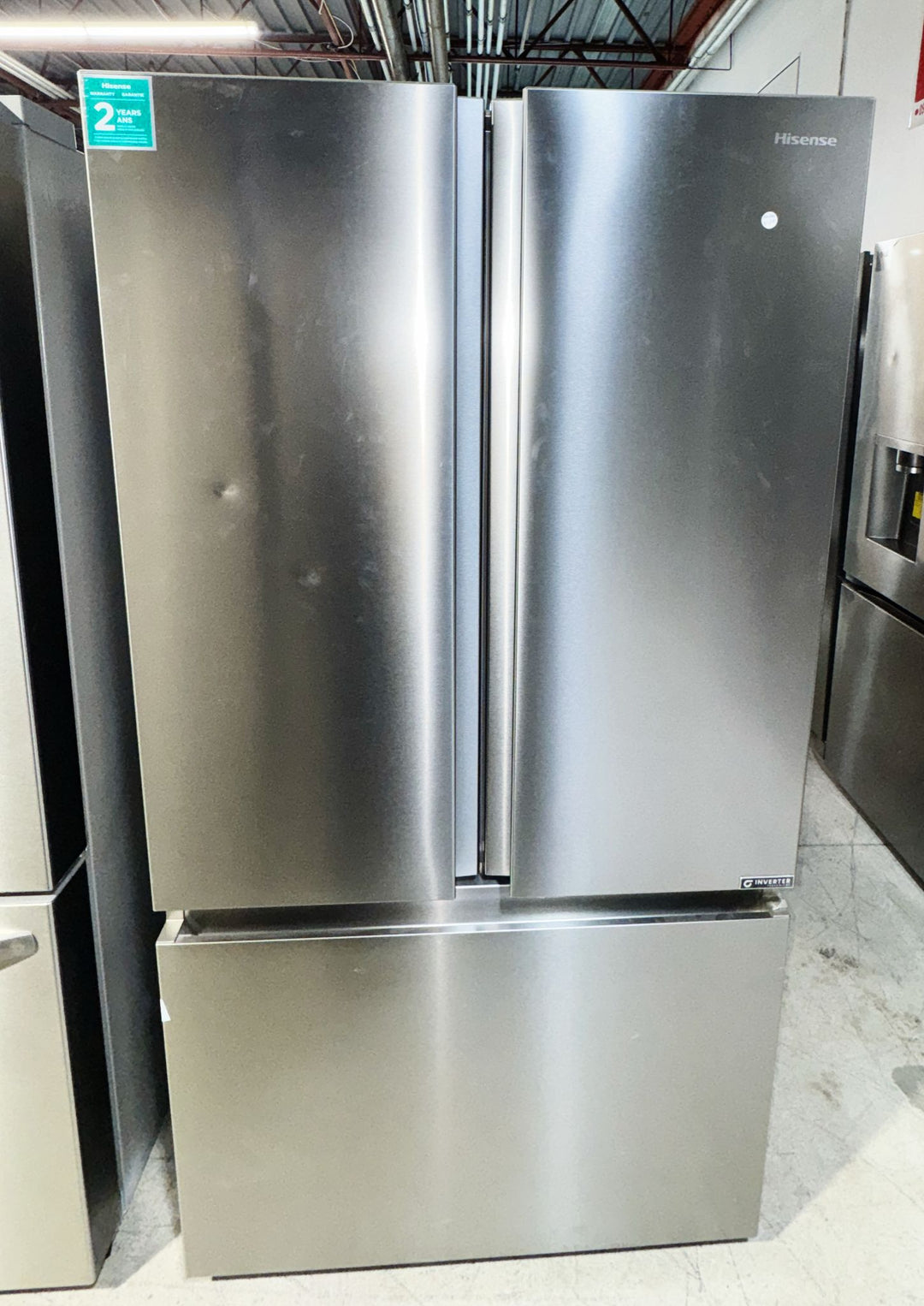 Hisense RF266C3FSE French Door Refrigerator, 36" Width, ENERGY STAR Certified, 26.6 cu. ft. Capacity, Freezer Located Ice Dispenser, Interior Water Dispenser, LED Lighting, Fingerprint Resistant, Stainless Steel colour PureFlat Design