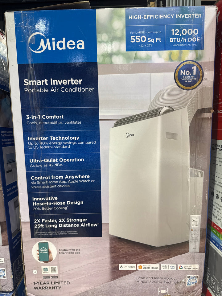 Midea Duo 10,000 BTU SACC) HE Inverter Ultra Quiet Portable Air Conditioner, Cools up to 450 Sq. Ft, Works with Alexa/Google Assistant, Includes Remote Control & Window Kit, White MP10SV5CWT