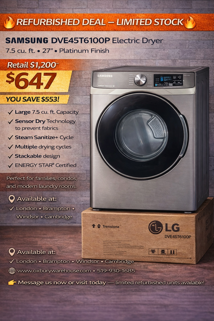 Samsung DVE45T6100P Electric Dryer – 7.5 cu. ft. (27″, Platinum)