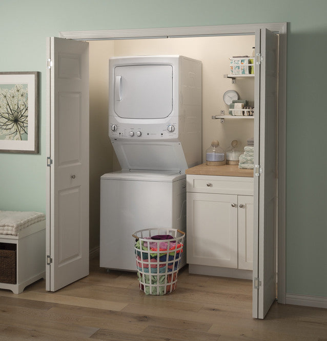 GE GUD27GSSMWW Unitized Spacemaker® 3.8 cu. ft. Capacity Washer with Stainless Steel Basket and 5.9 cu. ft. Capacity Gas Dryer