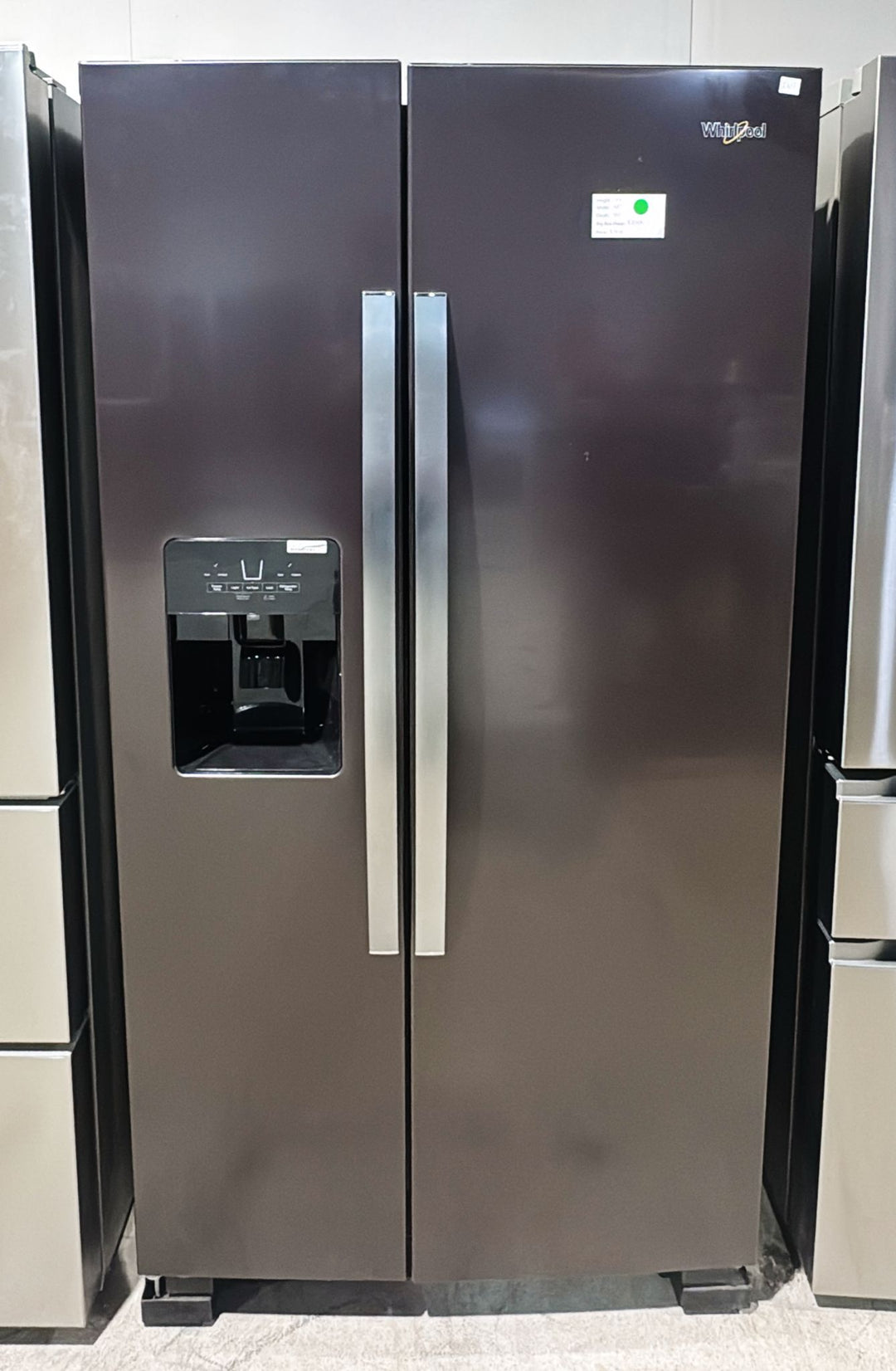 Whirlpool WRS325SDHV Side by Side Refrigerator, 36 inch Width, Ice Dispenser (Thru Door), Water Dispenser (Exterior), 25 cu. ft. Capacity, Black Stainless Steel colour