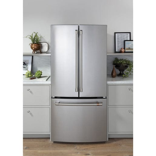 Cafe (CWE19SP2NS1) French Door Refrigerator, 33" Width, ENERGY STAR Certified, Counter Depth, 18.6 cu. ft. Capacity, Freezer Located Ice Dispenser, Interior Water Dispenser, LED Lighting, Stainless Steel colour Turbo Cool, Quick Space Shelves