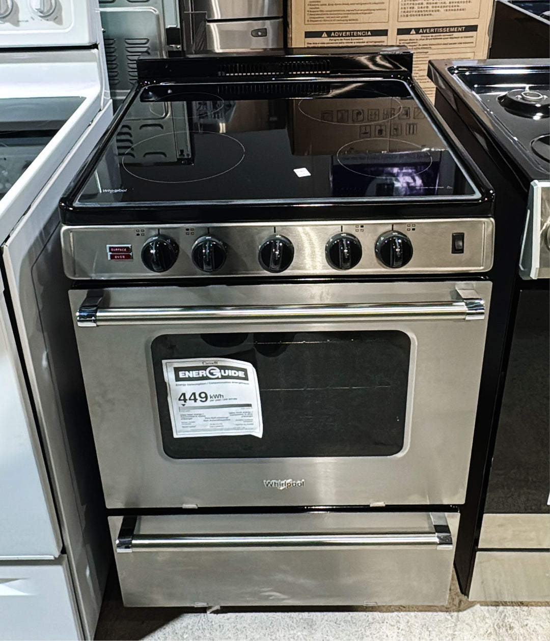 Whirlpool YWFE50M4HS Electric Range, 2.96 cu. ft. Capacity, 24 inch Exterior Width, 4 Burners, Storage Drawer, Manual Clean, 2,000 W Highest Element, Stainless Steel colour, Upswept SpillGuard™
