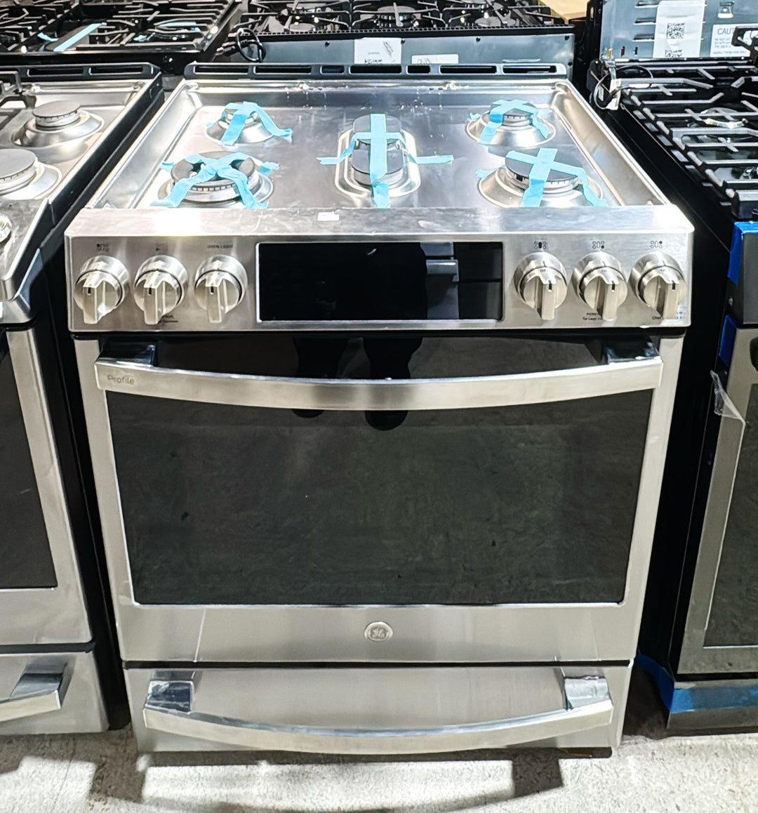 GE Profile PC2S930YPFS Dual Fuel Range, 5.6 cu. ft. Capacity, 30 inch Exterior Width, True Convection, 5 Burners, Storage Drawer, Yes, Self Clean, Stainless Steel colour True European Convection, Self Clean Racks,Griddle, Temperature Probe