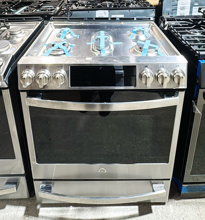 GE Profile PC2S930YPFS Dual Fuel Range, 5.6 cu. ft. Capacity, 30 inch Exterior Width, True Convection, 5 Burners, Storage Drawer, Yes, Self Clean, Stainless Steel colour True European Convection, Self Clean Racks,Griddle, Temperature Probe