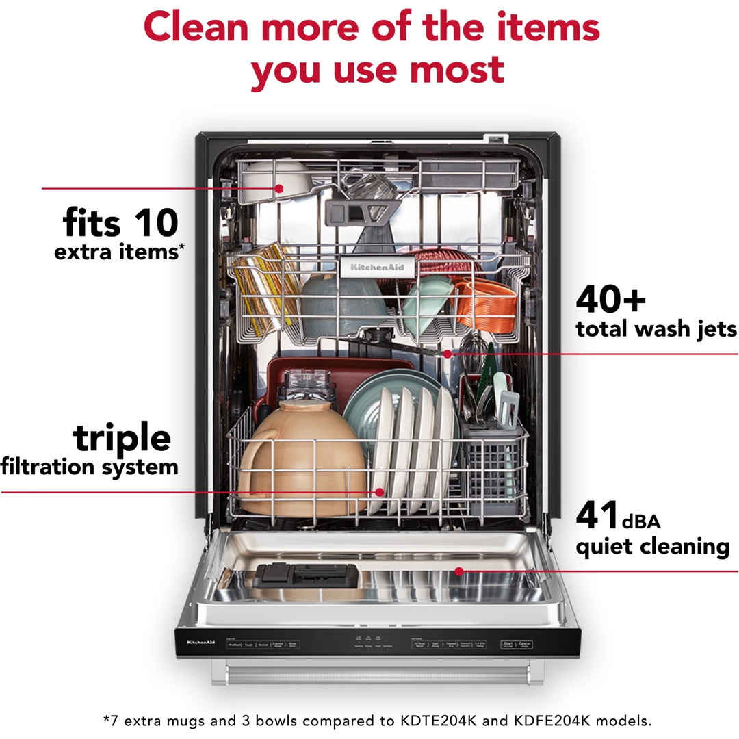 KitchenAid KDTE304RPS 24 Inch Built-In Dishwasher with 15 Place Setting Capacity, 5 Wash Cycles, 41 dBA, Third Level Jet Rack, Triple Filtration System, ProWash™ Cycle, SatinGlide® Rails, NSF Certified, Sabbath Mode Star K Certified: Stainless Steel