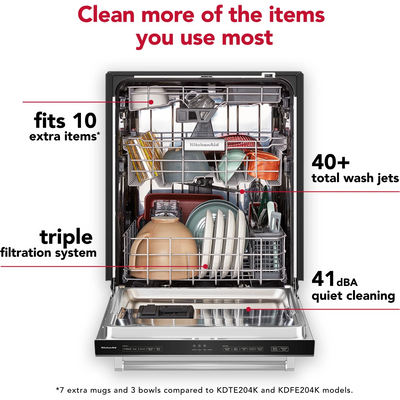 KitchenAid KDTE304RPS 24 Inch Built-In Dishwasher with 15 Place Setting Capacity, 5 Wash Cycles, 41 dBA, Third Level Jet Rack, Triple Filtration System, ProWash™ Cycle, SatinGlide® Rails, NSF Certified, Sabbath Mode Star K Certified: Stainless Steel