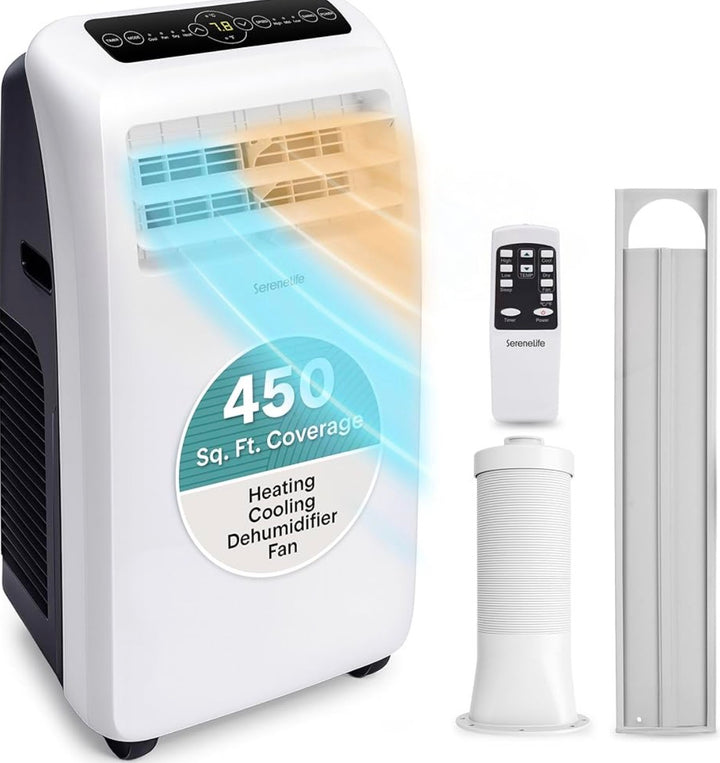 SereneLife 10,000 BTU Portable Air Conditioner– 4-in-1 AC Unit w/Cooling, Dehumidifier, Heater, & Fan– Includes Remote Control, Window Mount Kit, Quiet Operation, 24-Hour Timer SLACHT108