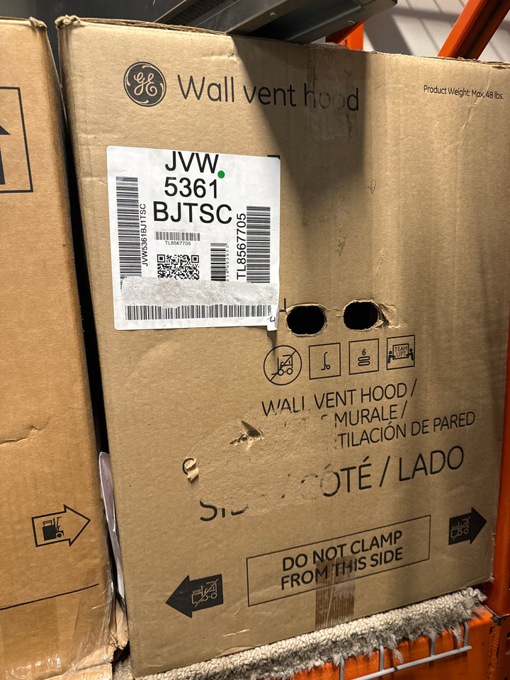 GE JVW5361BJTSC Range Hood, 36 inch Exterior Width, Chimney, Wall Mounted, 350 CFM, Outside / Ducting, Halogen , Dishwasher Safe Filters, Aluminum Mesh, Black Stainless Steel colour Blower Included