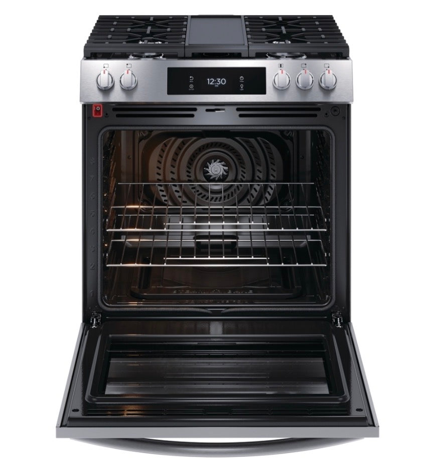Frigidaire Gallery GCFG3060BF Gas Range, 6 cu. ft. Capacity, 30 inch , Air Fry, Air Sous Vide, Fingerprint Resistant, Illuminated Knobs, Griddle
