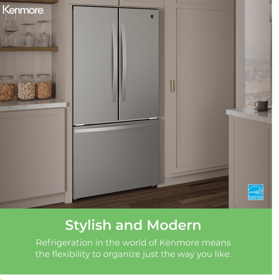Kenmore 46-75525 29.88 Inch Counter-Depth French Door Refrigerator/Freezer with Fingerprint-Resistant Stainless Steel, Ice Maker, Quiet and Energy Efficient Inverter Compressor, 17.5 cu. ft, 30 inch wide