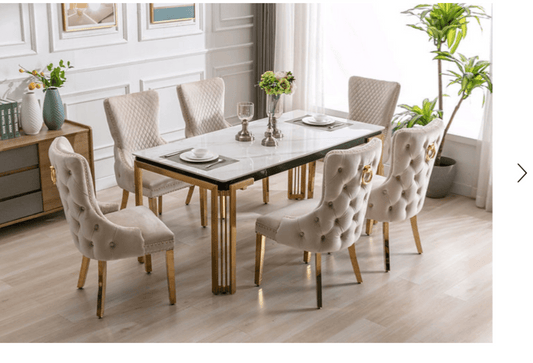 Ceramic Marble Top With Stainless Gold Legs
 Creme Velvet Dining Chair with Large Knocker,