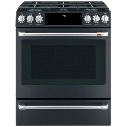 Cafe Dual Fuel Range, 30" Exterior Width, Self Clean, Convection, 6 Burners, 5.6 cu. ft. Capacity, Warming Drawer, 1 Ovens, Matte Black. (CC2S900P3M2D1/CC2S900P3MD1)