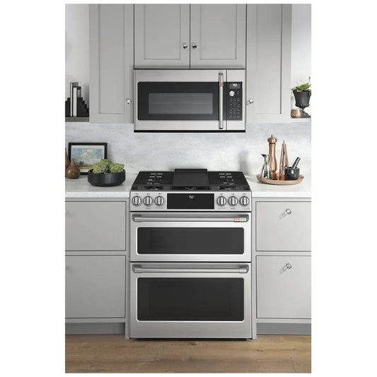 Cafe CCGS750P2MS1 Gas Range, 30 inch Exterior Width, Self Clean, Convection, 6 Burners, 7.0 cu. ft. Capacity, 2 Ovens, Stainless Steel colour True European Convection, Self Clean Racks, Griddle