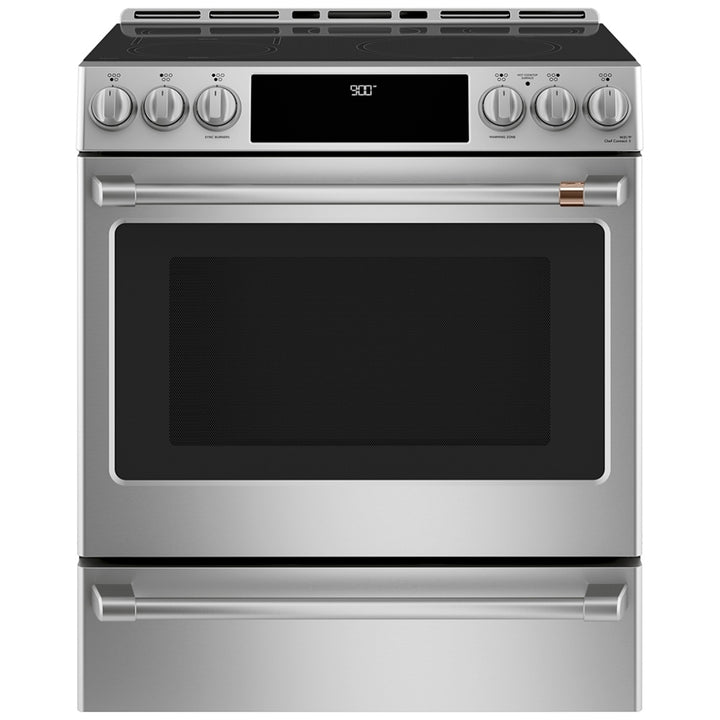 Cafe CCHS900P2MS1 Induction Range, 5.7 cu. ft., Capacity, 30 inch Exterior Width, Self Clean, True Convection, 5 Burners, Warming Drawer, Air Fry, 3,700 Watts Highest Burner Element, Stainless Steel color Telescopic Gliding Extension Rack, True European