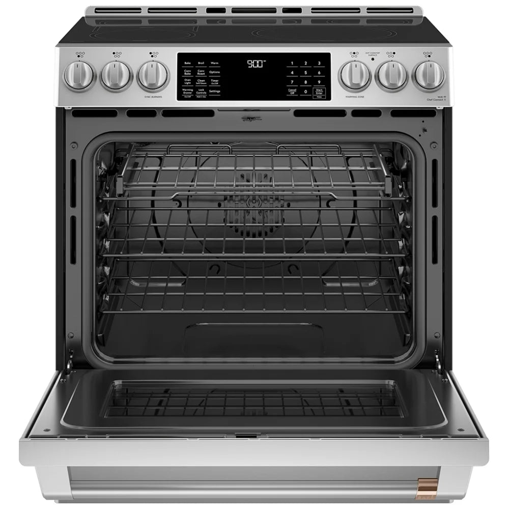 Cafe CCHS900P2MS1 Induction Range, 5.7 cu. ft., Capacity, 30 inch Exterior Width, Self Clean, True Convection, 5 Burners, Warming Drawer, Air Fry, 3,700 Watts Highest Burner Element, Stainless Steel color Telescopic Gliding Extension Rack, True European