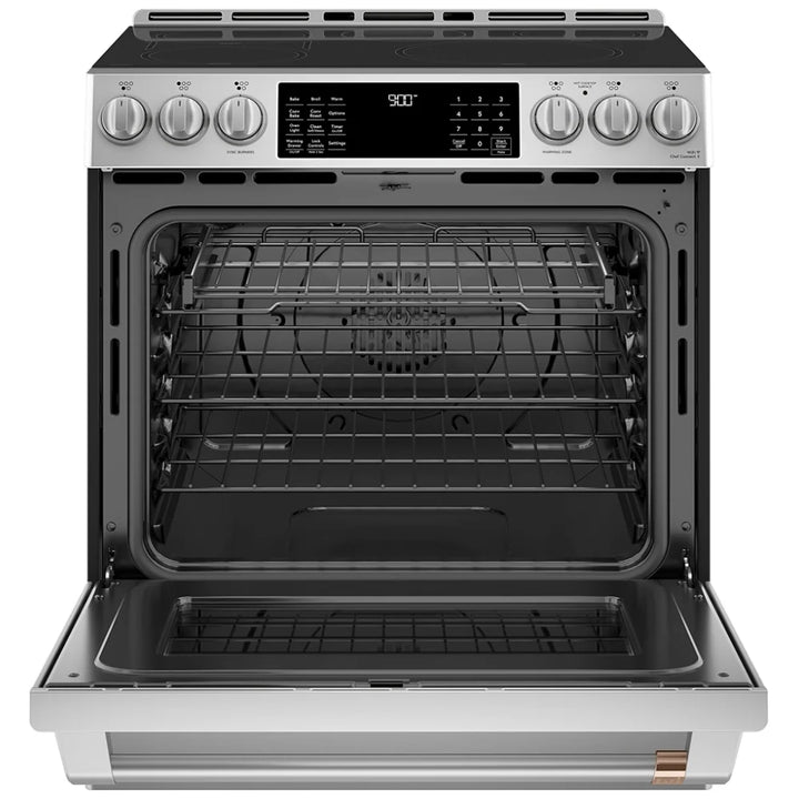 Cafe CCHS900P2MS1 Induction Range, 5.7 cu. ft., Capacity, 30 inch Exterior Width, Self Clean, True Convection, 5 Burners, Warming Drawer, Air Fry, 3,700 Watts Highest Burner Element, Stainless Steel color Telescopic Gliding Extension Rack, True European