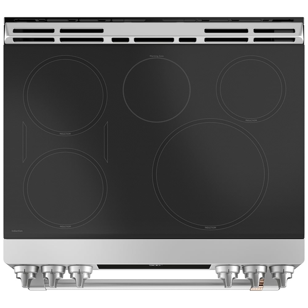 Cafe CCHS900P2MS1 Induction Range, 5.7 cu. ft., Capacity, 30 inch Exterior Width, Self Clean, True Convection, 5 Burners, Warming Drawer, Air Fry, 3,700 Watts Highest Burner Element, Stainless Steel color Telescopic Gliding Extension Rack, True European