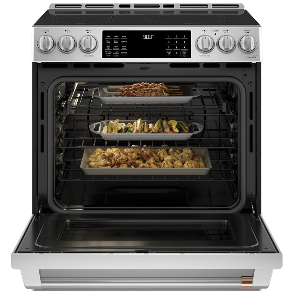 Cafe CCHS900P2MS1 Induction Range, 5.7 cu. ft., Capacity, 30 inch Exterior Width, Self Clean, True Convection, 5 Burners, Warming Drawer, Air Fry, 3,700 Watts Highest Burner Element, Stainless Steel color Telescopic Gliding Extension Rack, True European