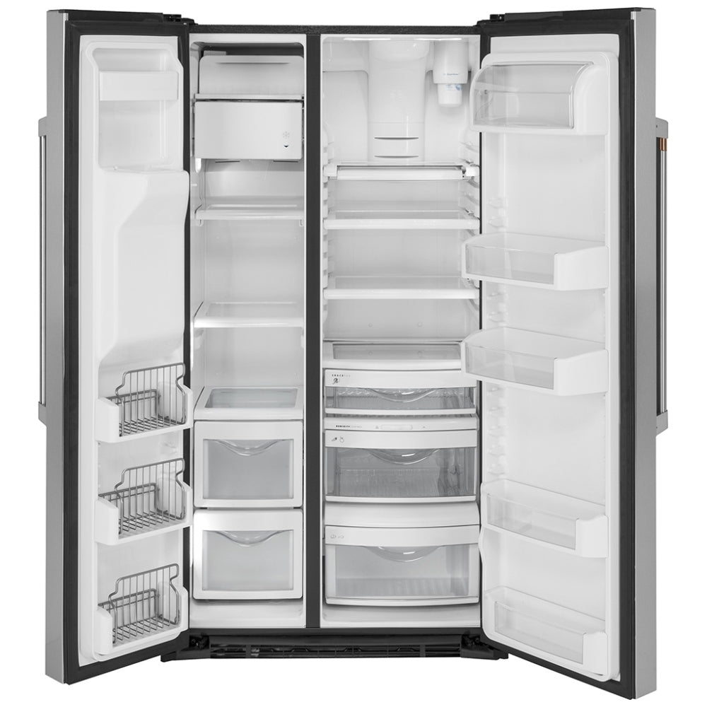 Cafe CZS22MP2NS1 Side by Side Refrigerator, 36 inch Width, Counter Depth, Ice Dispenser (Thru Door), Water Dispenser (Exterior), 21.9 cu. ft. Capacity, Stainless Steel color Frost Guard, Quick Space Shelves
