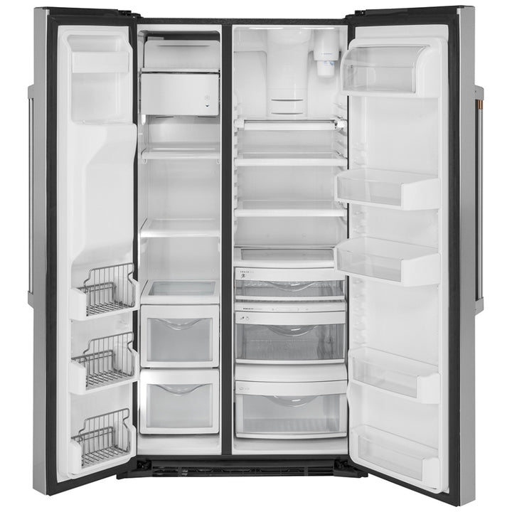Cafe CZS22MP2NS1 Side by Side Refrigerator, 36 inch Width, Counter Depth, Ice Dispenser (Thru Door), Water Dispenser (Exterior), 21.9 cu. ft. Capacity, Stainless Steel color Frost Guard, Quick Space Shelves