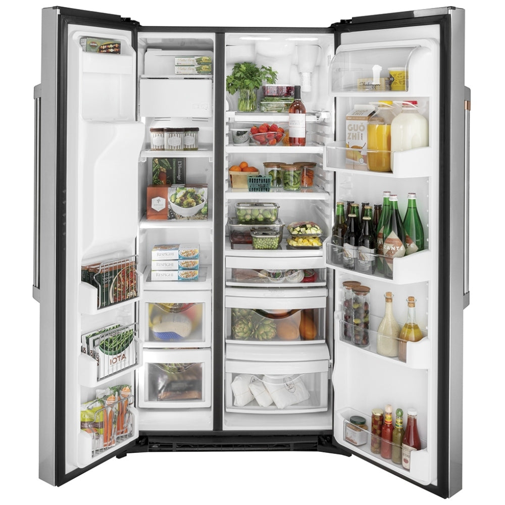 Cafe CZS22MP2NS1 Side by Side Refrigerator, 36 inch Width, Counter Depth, Ice Dispenser (Thru Door), Water Dispenser (Exterior), 21.9 cu. ft. Capacity, Stainless Steel color Frost Guard, Quick Space Shelves