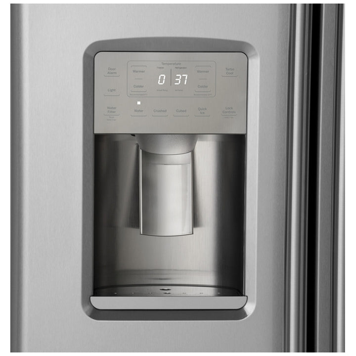 Cafe CZS22MP2NS1 Side by Side Refrigerator, 36 inch Width, Counter Depth, Ice Dispenser (Thru Door), Water Dispenser (Exterior), 21.9 cu. ft. Capacity, Stainless Steel color Frost Guard, Quick Space Shelves