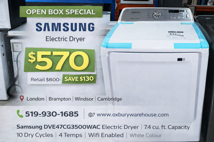 Samsung DVE47CG3500WAC Electric Dryer, 7.4 cu. ft. Dryer Capacity, 10 Dry Cycles, 4 Temperature Settings, Vented, Wifi Enabled, White colour