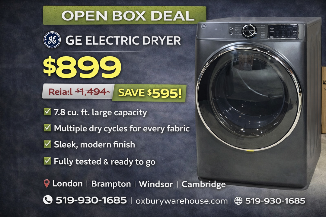 GE GFD65ESMVDS Electric Dryer, 28 inch Width, 7.8 cu. ft. Capacity, Steam Clean, 5 Temperature Settings, Stackable, Steel Drum, Wifi Enabled, Carbon Graphite colour