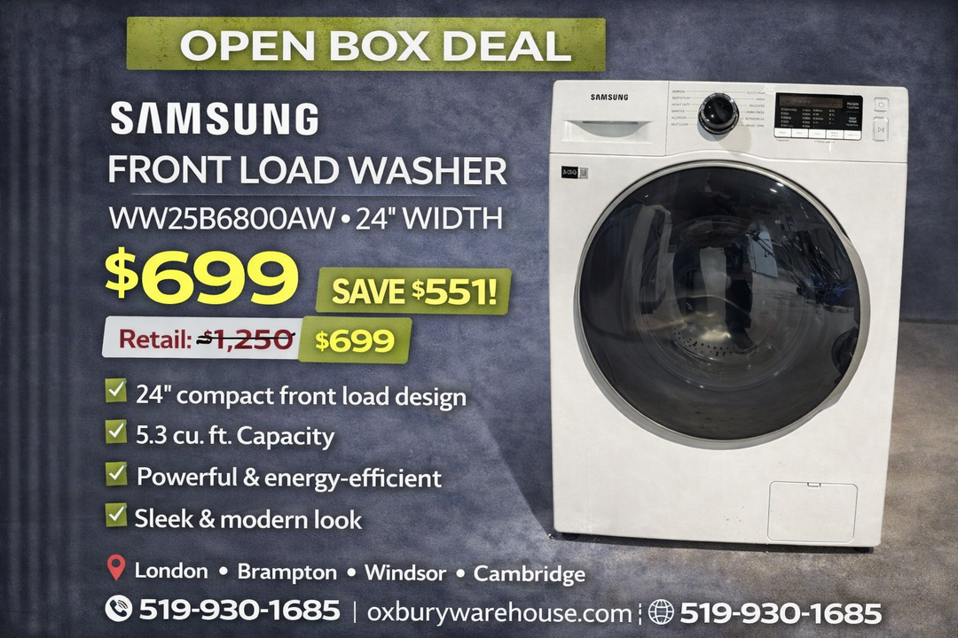 Samsung WW25B6800AW - WW25B6800AW/AC Front Load Washer, 24 inch Width, 2.9 cu. ft. Washer Capacity, 1,400 RPM Washer Spin Speed, 12 Wash Cycles, 5 Temperature Settings, Steam Clean, ENERGY STAR Certified, & White colour