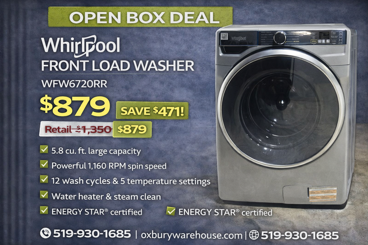 Whirlpool WFW6720RR Front Load Washer, 27 inch Width, 5.8 cu. ft. Washer Capacity, 1,160 RPM Washer Spin Speed, 12 Wash Cycles, 5 Temperature Settings, Water Heater, Steam Clean, ENERGY STAR Certified, Wifi Enabled, Other colour