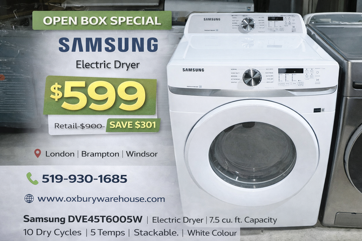 Samsung WF45T6000AW - WF45T6000AW/A5  Electric Dryer, 7.5 cu. ft. Dryer Capacity, 10 Dry Cycles, 5 Temperature Settings, Vented, Stackable, White colour