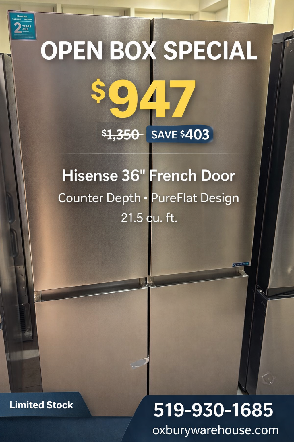 Hisense RQ22N6ASD French Door Refrigerator, 36 inch Width, Counter Depth, 21.5 cu. ft. Capacity, Stainless Steel Look colour Pure Flat Design