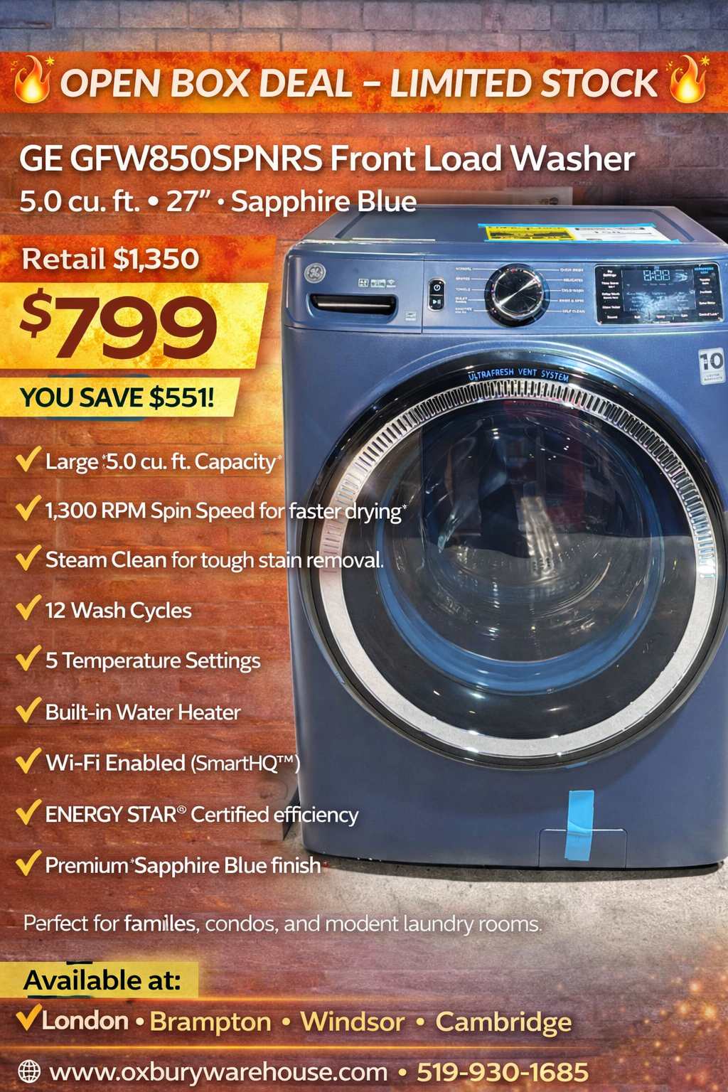GE GFW850SPNRS Front Load Washer – 5.0 cu. ft. 27″, Sapphire Blue