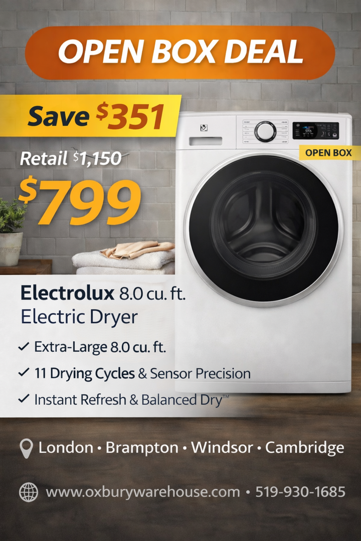 Electrolux ELFE763CAW Dryer, 27" Width, Electric Dryer, 8.0 cu. ft. Capacity, Steam Clean, 10 Dry Cycles, 5 Temperature, Steel Drum, White