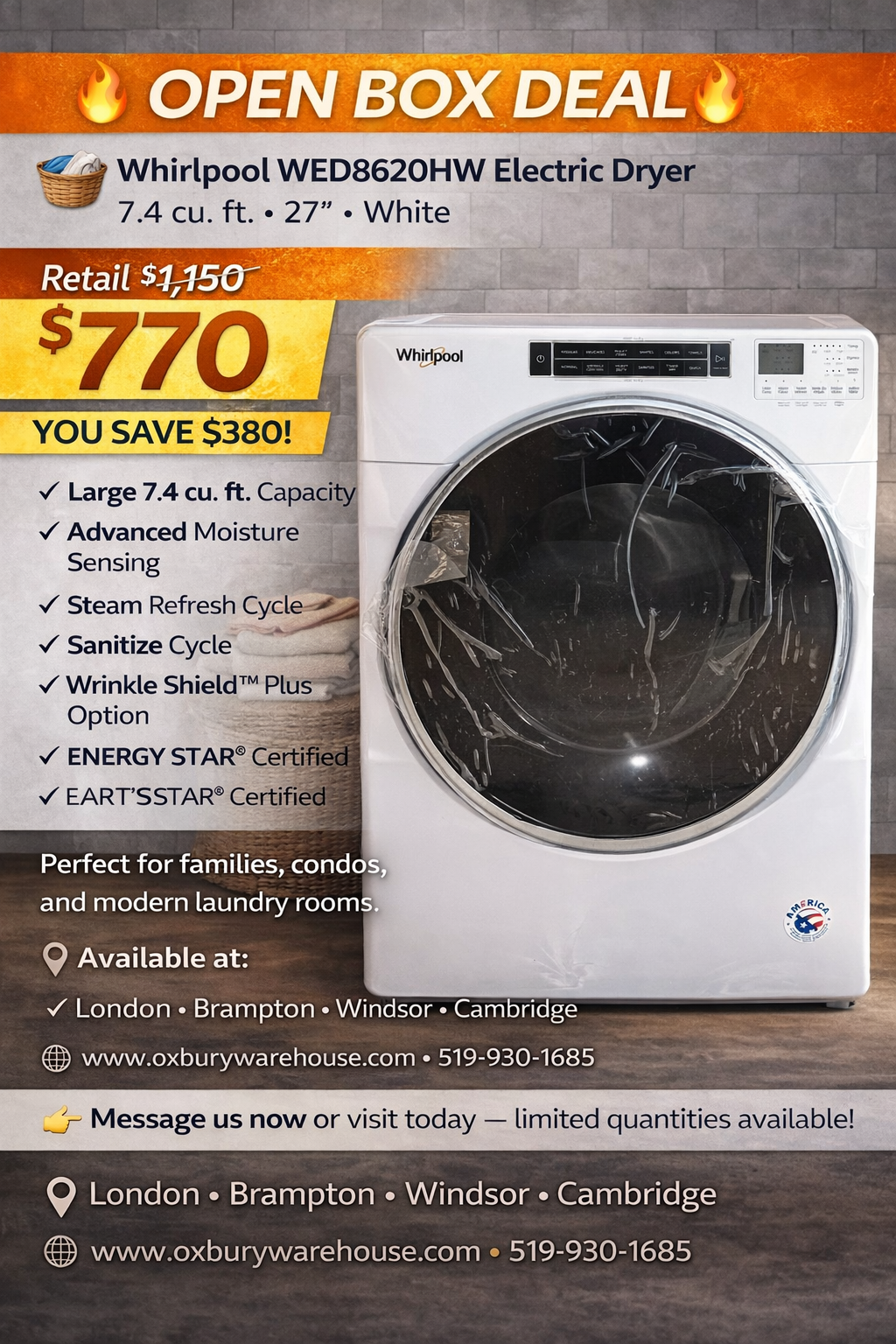 Whirlpool WED8620HW Electric Dryer – 7.4 cu. ft. (27″, White)