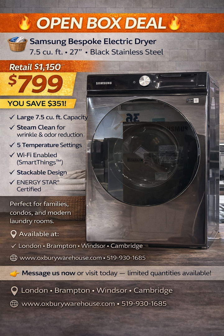 Samsung Bespoke DVE46BB6700VAC Electric Dryer – 7.5 cu. ft. (27″, Black Stainless Steel)