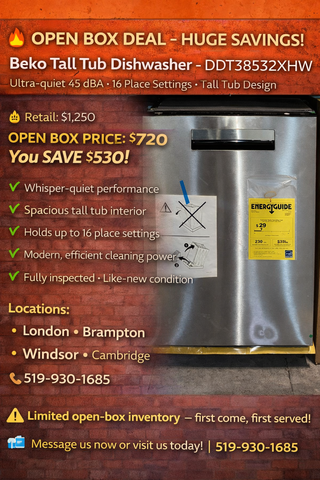 Beko Tall Tub Dishwasher, 45 dBA, 16 Place Settings - DDT38532XHW